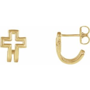 14K Yellow Open Cross J-Hoop Earrings