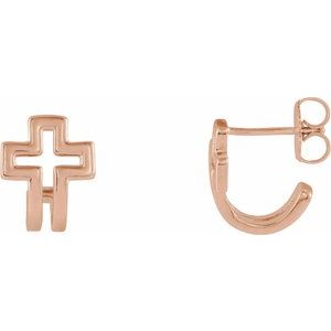 14K Rose Open Cross J-Hoop Earrings