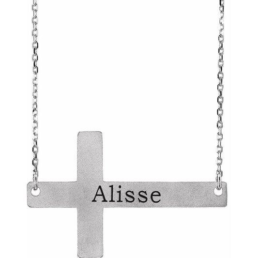 14K White Engravable Sideways Cross 16-18" Necklace